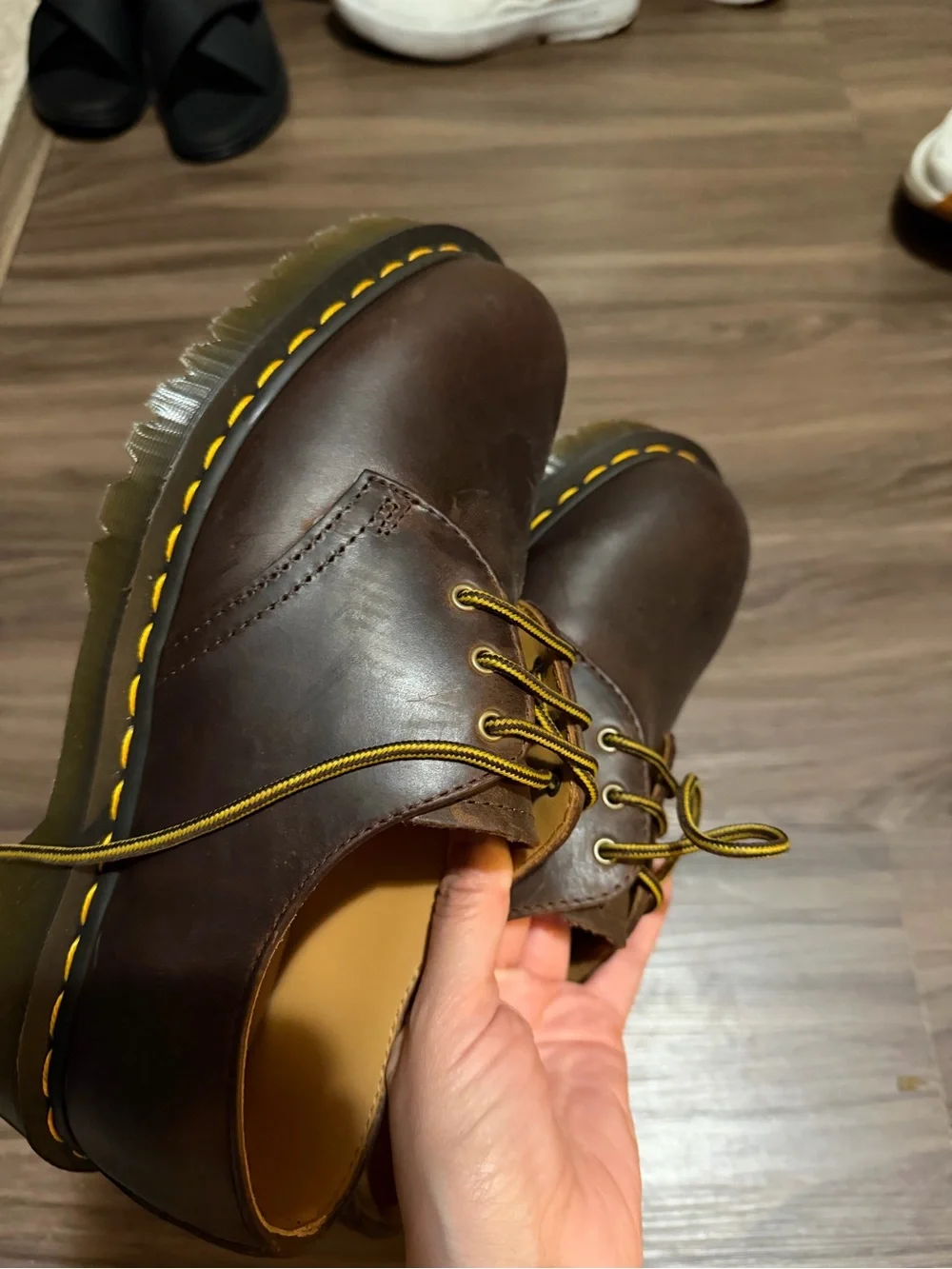 Dr. Martens Brown Leather Lace-Up Flats with Yellow Stitching